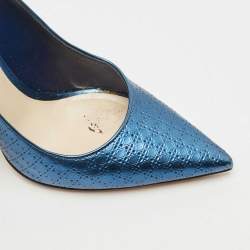 Pre Owned Dior Metallic Blue Microcannage Patent Leather Cherie Pointed Toe Pumps Size 36.5