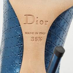 Pre Owned Dior Metallic Blue Microcannage Patent Leather Cherie Pointed Toe Pumps Size 36.5
