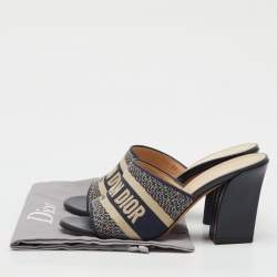 Pre Owned Dior Navy Blue Embroidered Canvas Dway Slide Sandals Size 38