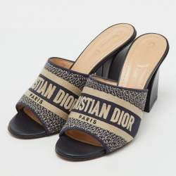 Pre Owned Dior Navy Blue Embroidered Canvas Dway Slide Sandals Size 38