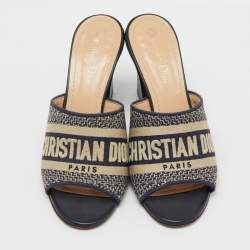 Pre Owned Dior Navy Blue Embroidered Canvas Dway Slide Sandals Size 38