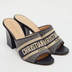 Pre Owned Dior Navy Blue Embroidered Canvas Dway Slide Sandals Size 38