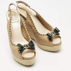 Pre Owned Dior Beige Cannage Leather Bow Slingback Wedge Pumps Size 38
