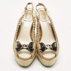 Pre Owned Dior Beige Cannage Leather Bow Slingback Wedge Pumps Size 38
