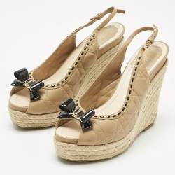 Pre Owned Dior Beige Cannage Leather Bow Slingback Wedge Pumps Size 38