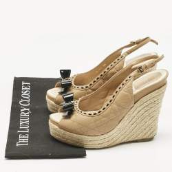 Pre Owned Dior Beige Cannage Leather Bow Slingback Wedge Pumps Size 38