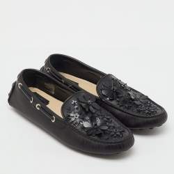 Pre Owned Dior Black Leather Flower Embellished Driving Loafers Size 38