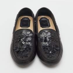 Pre Owned Dior Black Leather Flower Embellished Driving Loafers Size 38