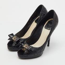 Pre Owned Dior Black Quilted Cannage Leather and Patent Bow Detail Peep Toe Pumps Size 38.5
