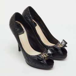 Pre Owned Dior Black Quilted Cannage Leather and Patent Bow Detail Peep Toe Pumps Size 38.5