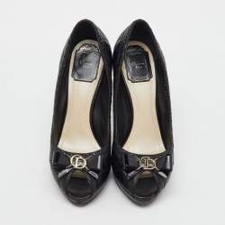 Pre Owned Dior Black Quilted Cannage Leather and Patent Bow Detail Peep Toe Pumps Size 38.5