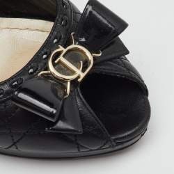 Pre Owned Dior Black Quilted Cannage Leather and Patent Bow Detail Peep Toe Pumps Size 38.5