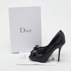 Pre Owned Dior Black Quilted Cannage Leather and Patent Bow Detail Peep Toe Pumps Size 38.5