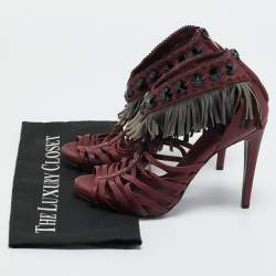 Pre Owned Dior Burgundy Leather and Suede Fringe Ankle Strap Sandals Size 38
