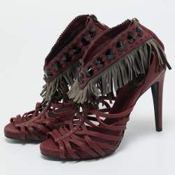 Pre Owned Dior Burgundy Leather and Suede Fringe Ankle Strap Sandals Size 38