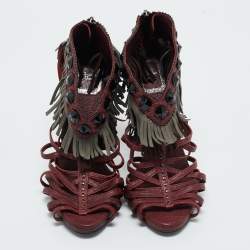 Pre Owned Dior Burgundy Leather and Suede Fringe Ankle Strap Sandals Size 38