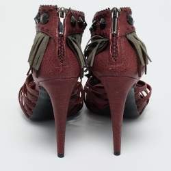 Pre Owned Dior Burgundy Leather and Suede Fringe Ankle Strap Sandals Size 38