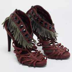 Pre Owned Dior Burgundy Leather and Suede Fringe Ankle Strap Sandals Size 38