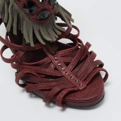 Pre Owned Dior Burgundy Leather and Suede Fringe Ankle Strap Sandals Size 38