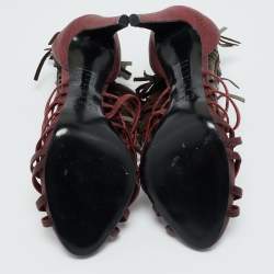 Pre Owned Dior Burgundy Leather and Suede Fringe Ankle Strap Sandals Size 38