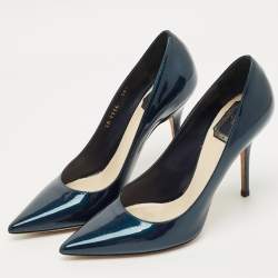 Pre Owned Dior Metallic Blue Patent Leather Cherie Pointed Toe Pumps Size 38.5