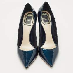 Pre Owned Dior Metallic Blue Patent Leather Cherie Pointed Toe Pumps Size 38.5