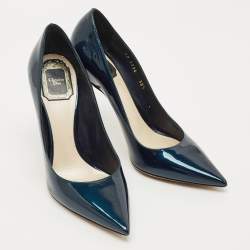Pre Owned Dior Metallic Blue Patent Leather Cherie Pointed Toe Pumps Size 38.5