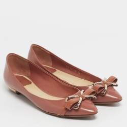 Pre Owned Dior Beige Patent Leather Bow Detail Pointed Toe Ballet Flats Size 36