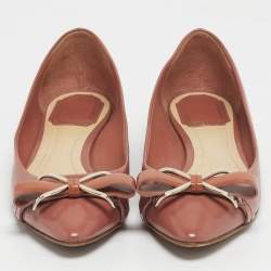 Pre Owned Dior Beige Patent Leather Bow Detail Pointed Toe Ballet Flats Size 36