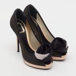 Pre Owned Dior Black/Light Pink Mesh and Satin Garden Flower Detail Peep Toe Pumps Size 38
