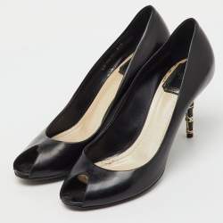 مملوكة مسبقًا Dior Black Patent Leather Cannage Heel Peep Toe Pumps Size 37.5