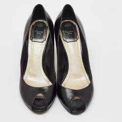 مملوكة مسبقًا Dior Black Patent Leather Cannage Heel Peep Toe Pumps Size 37.5