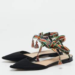 Pre Owned Dior Black Canvas J'adior Pointed Toe Ankle Wrap Flats Size 37.5