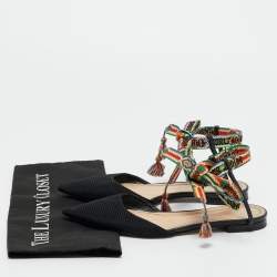 Pre Owned Dior Black Canvas J'adior Pointed Toe Ankle Wrap Flats Size 37.5