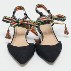 Pre Owned Dior Black Canvas J'adior Pointed Toe Ankle Wrap Flats Size 37.5