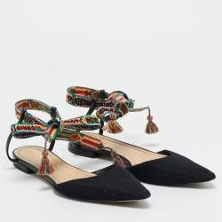 Pre Owned Dior Black Canvas J'adior Pointed Toe Ankle Wrap Flats Size 37.5