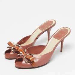 Pre Owned Dior Beige Patent Leather Bow Peep Toe Slide Sandals Size 37