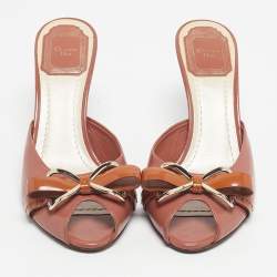 Pre Owned Dior Beige Patent Leather Bow Peep Toe Slide Sandals Size 37