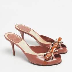 Pre Owned Dior Beige Patent Leather Bow Peep Toe Slide Sandals Size 37