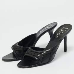 Pre Owned Dior Black Leather and knit Fabric Open Toe Slide Sandals Size 41