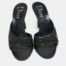 Pre Owned Dior Black Leather and knit Fabric Open Toe Slide Sandals Size 41