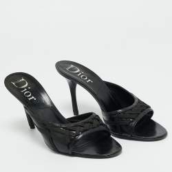 Pre Owned Dior Black Leather and knit Fabric Open Toe Slide Sandals Size 41