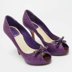 Pre Owned Dior Purple Cannage Leather and Patent Bow Peep Toe Platform Pumps Size 38