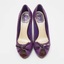 Pre Owned Dior Purple Cannage Leather and Patent Bow Peep Toe Platform Pumps Size 38