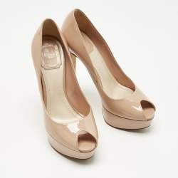 Pre Owned Dior Beige Patent Leather Miss Dior Peep Toe Pumps Size 36.5