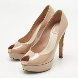 Pre Owned Dior Beige Patent Leather Miss Dior Peep Toe Pumps Size 36.5