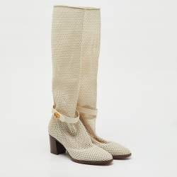 Pre Owned Dior Off White Mesh and Leather Empreinte Montaigne Knee Length Boots Size 36