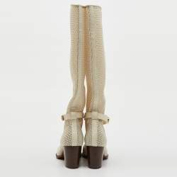 Pre Owned Dior Off White Mesh and Leather Empreinte Montaigne Knee Length Boots Size 36