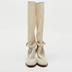 Pre Owned Dior Off White Mesh and Leather Empreinte Montaigne Knee Length Boots Size 36