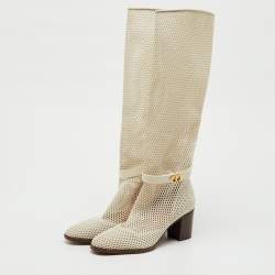 Pre Owned Dior Off White Mesh and Leather Empreinte Montaigne Knee Length Boots Size 36
